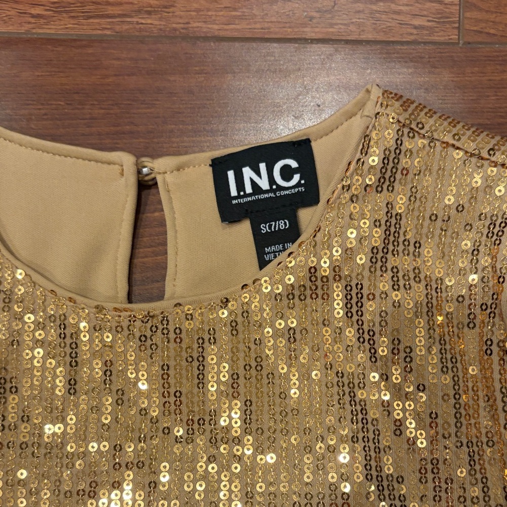 I.N.C. Gold Sequin Dress Girls 7/8 Long Sleeve Holiday Party Shift - Picture 3 of 10